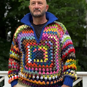 Mens Crochet Granny Square Sweater | The Color Weaver Granny sweater|/Men&#39;s Crochet Collar Pullover| NAVY Blue Mens crochet sweater
