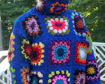 The Color Weaver/Color My World Granny Turtle Neck Crochet Sweater in Blue