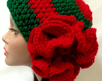 Crochet Christmas Flower Hat: Red & Green Acrylic Holiday Beanie