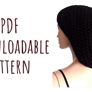 May include: A black crochet hat with a textured pattern is shown from a side view. The hat is worn by a mannequin. Text on the left side reads "PDF Downloadable Pattern".