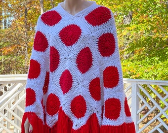 Valentines Day Hand Knit Poncho/ Polka Dots Poncho/ Fringed Valentines Day Poncho