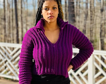 Crochet Purple Cropped, Long Sleeved, collared Sweater/ Blouse/Top