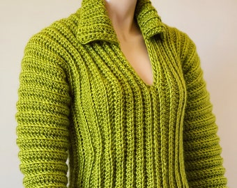Chartreuse Cropped, Ribbed Crochet sweater Blouse/ Small/ Medium Crochet cropped top, Green Ribbed cropped sweater blouse