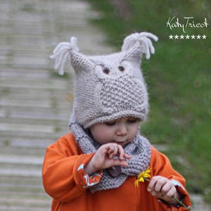 Knit Pattern Owl Hat CHOUETTE Toddler, Child, Adult sizes in English, French & Russian image 1