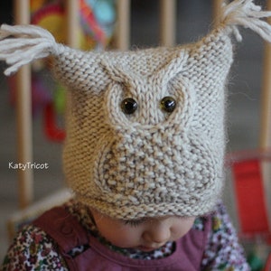 Knit Pattern Owl Hat CHOUETTE Toddler, Child, Adult sizes in English, French & Russian image 4