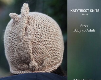 Knit pattern - BUNNY TAIL Beanie (Baby through Adult Sizes) - in English and French