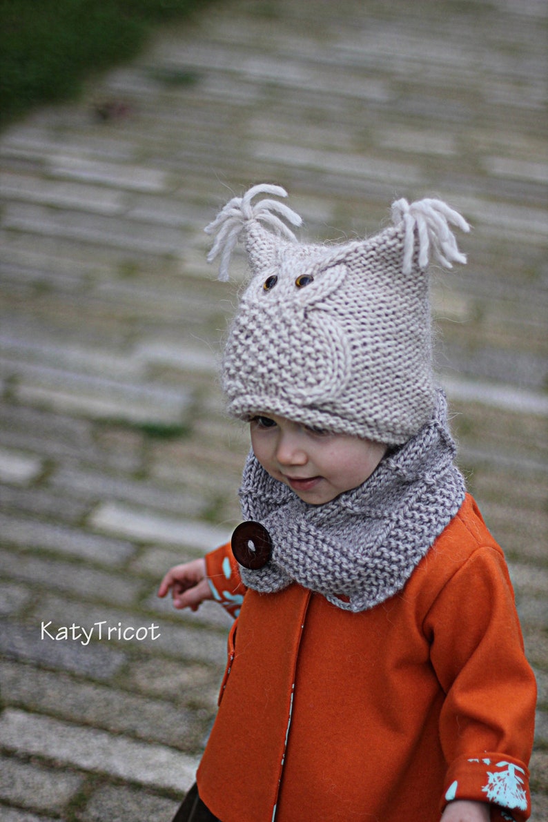 Knit Pattern Owl Hat CHOUETTE Toddler, Child, Adult sizes in English, French & Russian image 2