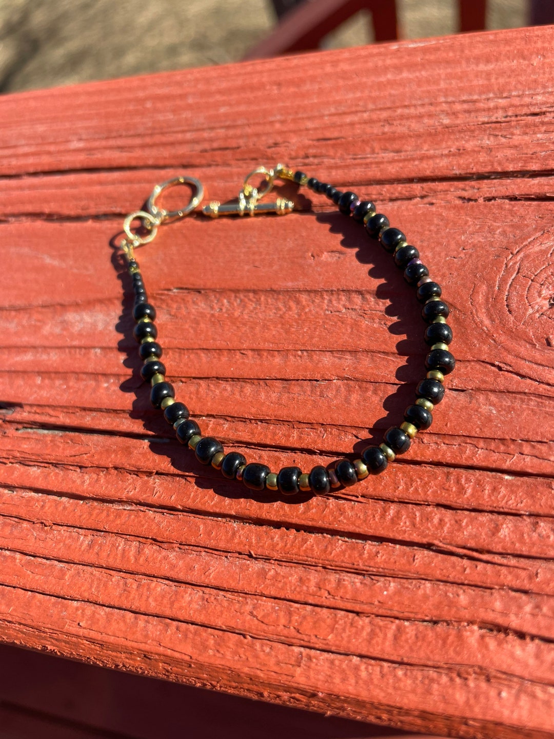 Dainty Black and Gold Beaded Bracelet With Toggle Closure Etsy