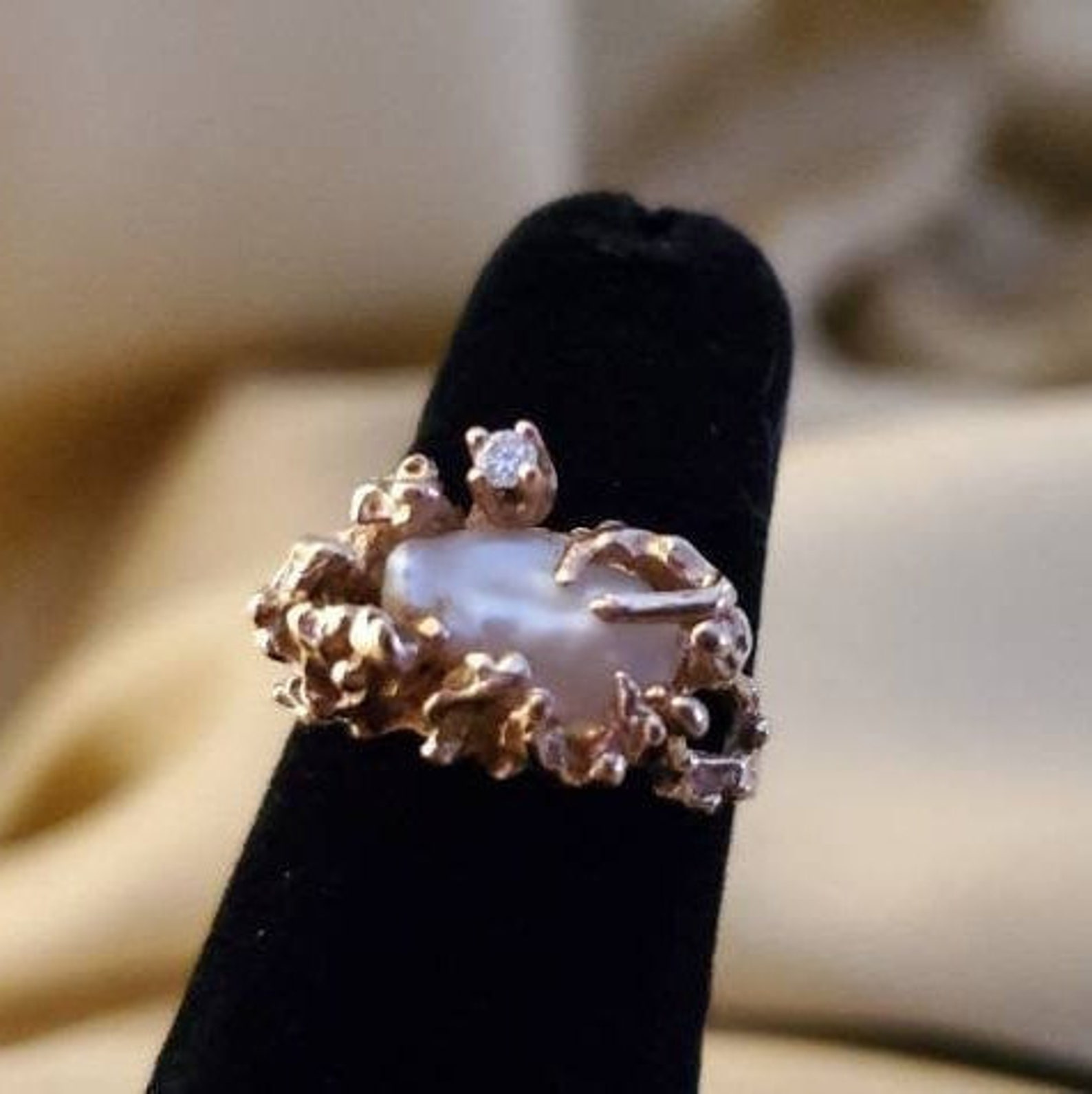 10k Yellow Gold Baroque Pearl & Diamond Ring sz 3.5 Free Etsy