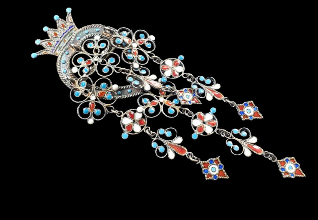 Antique Enamel Solje Brooch, Traditional Norwegian Wedding Solje Brooch