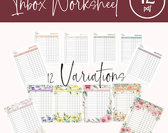 May include: The image displays 12 variations of an inbox worksheet. The worksheets have a grid layout with lines for notes and to-do items. Some worksheets have floral borders, while others have colored headers. The text "Inbox Worksheet" and "12 pdf" are visible.