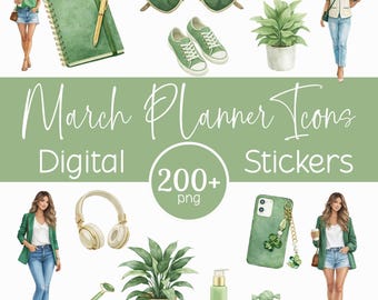 Adesivi per planner di marzo, adesivi digitali, icone per il giorno di San Patrizio, pacchetto di planner PNG, estetica verde, adesivi Goodnotes, planner digitale