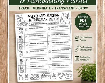 May include: A printable PDF weekly seed starting and transplanting planner. The white planner has a green border and includes sections for tracking germination, transplanting, and moving plants outdoors. The planner also has a section for each day of the week.