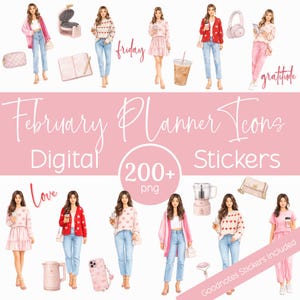February digital stickers, Valentine planner icons, aesthetic PNGs, cute pink planner bundle, iPad stickers, love theme set