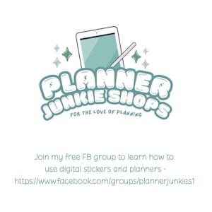 May include: A logo for Planner Junkie Shops, featuring a teal and white design. The text includes "PLANNER JUNKIE SHOPS" and "FOR THE LOVE OF PLANNING." A tablet with a stylus is depicted above the text, with decorative stars. Additional text provides a link to a Facebook group.