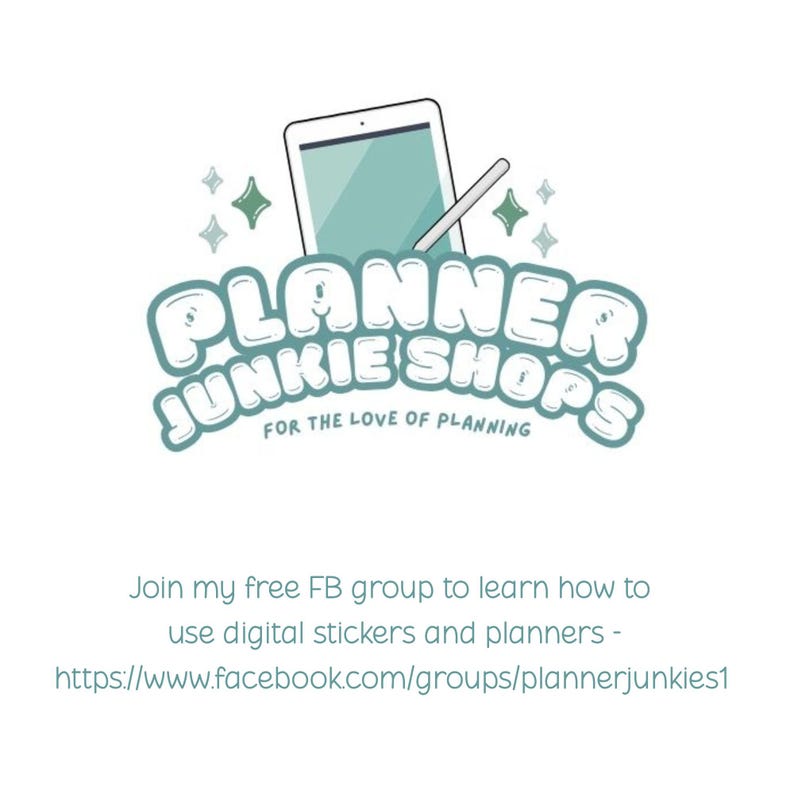 May include: A logo for Planner Junkie Shops, featuring a teal and white design. The text includes "PLANNER JUNKIE SHOPS" and "FOR THE LOVE OF PLANNING." A tablet with a stylus is depicted above the text, with decorative stars. Additional text provides a link to a Facebook group.