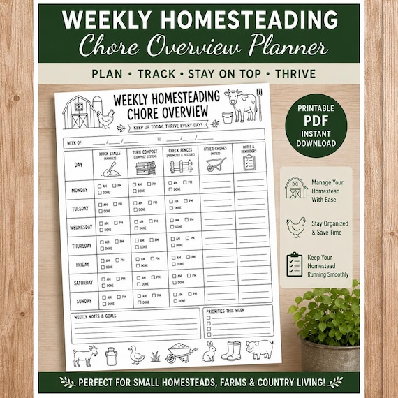 Homestead Planner Printable, Weekly Farm Chore Tracker, Garden and Livestock Care Schedule, Homesteading Organizer, Farm Planner PDF