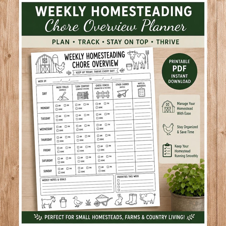 May include: A black and white printable weekly homesteading chore overview planner. The planner includes sections for daily tasks, notes, and goals. The text includes "Plan, Track, Stay on Top, Thrive" and "Perfect for Small Homesteads, Farms & Country Living!"