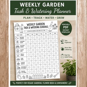 Op de afbeelding: Een afdrukbare PDF wekelijkse tuin taak- en bewateringsplanner. De planner bevat secties voor bewateringsschema's, containerplanten, moestuinen, bloembedden, bomen, struiken, gazons, hangmanden, vetplanten en wieden. De planner is ontworpen om u te helpen georganiseerd te blijven.