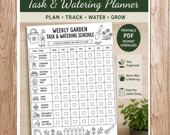 May include: A printable PDF weekly garden task and watering planner. The planner includes sections for watering schedules, container plants, vegetable gardens, flower beds, trees, shrubs, lawn areas, hanging baskets, succulents, and weeding. The planner is designed to help you stay organized and never miss a watering.