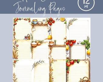 May include: A digital download of 12 PDF journaling pages with a watercolor design. The pages are lined and feature decorative borders with fruits, vegetables, and herbs. The text "Home Cookin Journaling Pages" is at the top.