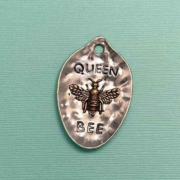 Queen Bee Charm, Silver and gold beveled charm queen bee, bee keeper charms, bee charms, honey jar charms 43 x 28 mm 32-21-SG