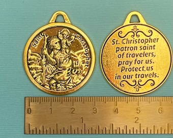 Gold Saint Christopher Medal, St. Christopher medal, Catholic St Christopher medal charm 34 mm 32-22-G