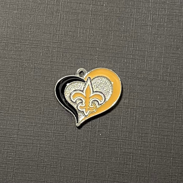 Saints charms, silver, gold and black, New Orleans  football Heart charms silver, black and gold enamel  23 x 26 mm9-40-E