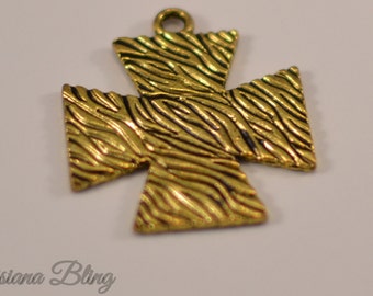 Gold Cross Charms 12 pieces 34 mm Antique Gold Finish, large gold cross charms, large cross with pattern, Zebra pattern cross 17-1-G