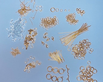 Bulk gold tone findings, your wire, clasp, bail, head pin, O ring, double O ring, bracelet clasp, earring backs, figure eight clasps 11-21-F
