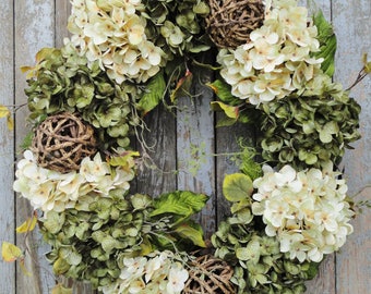 Hydrangea Wreath, Floral Wreath, Gift for Her, Year Round Front Door Hanger, Christmas Gift, Neutral Wreath, Year Round Wreath, Wedding Gift