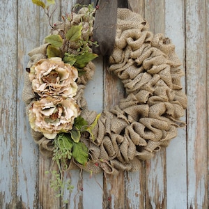 Peony Wreath Burlap Flower Wreath Farmhouse Country Door Decor Front Door Hanger Burlap Peony Wreath for Front Door Decor Floral Wreath