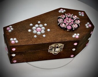 Caja de ataúd rosa para anillos: recuerdo de joyería de diamantes de imitación hecho a mano
