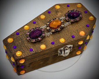 Caja de ataúd para anillos hecha a mano: recuerdo con diamantes de imitación morados y naranjas