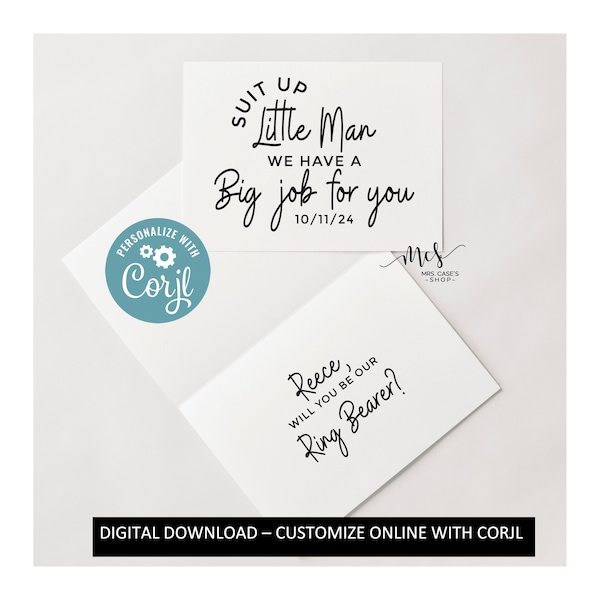 Suit up Little Man DIGITAL DOWNLOAD Ring Bearer Card Junior Groomsman Corjl Digital Download Instant