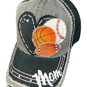Multiple sport mom distressed hat - 2 or 3 or 4 or 5 sports patch hat-personalizable sport hat-customizable with names-kids sports mom gift