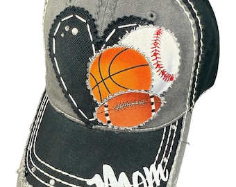 Multiple sport mom distressed hat - 2 or 3 or 4 or 5 sports patch hat-personalizable sport hat-customizable with names-kids sports mom gift