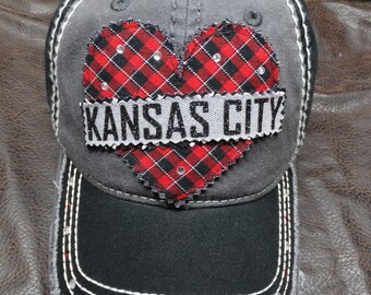 Bonnet Kansas City à carreaux et coeur déchiré I HEART