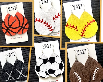 Leather customizable lightweight earrings sterling silver - base metal -all sports available! baseball football volleyball softball hockey