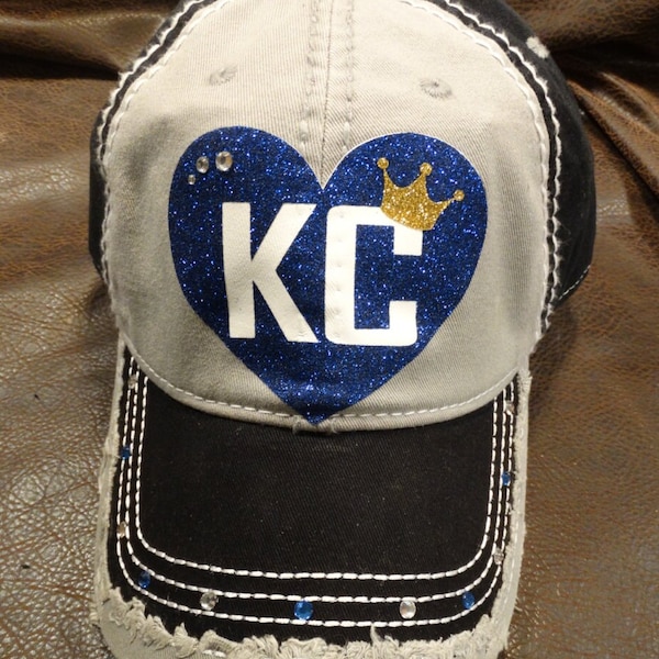 Chapeau I heart KC Baseball Bling - chapeau bleu royal et jaune et or - chapeau personnalisable - couleurs personnalisées