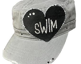 I heart SWIM mom cadet cap-swimmer hat-swim mom - personalized and cumstomized swim team patch hat for mom nana mimi nana aunt