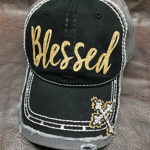 BLESSED Distressed Bling Hat with cross - rhinestones
