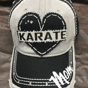 karate mom bling hat - karate hat - martial arts - personalized hat - custom name customizable hat-heart and banner patch hat