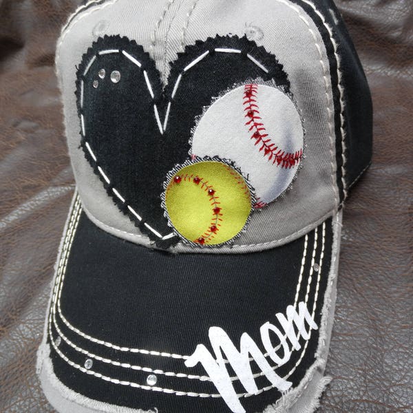 Two Sport Hat - Baseball softball soccer mom distressed hat - sport combo hat - personalized bling hat - customizable patch hat -