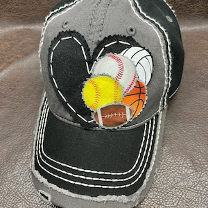 NO Bling Multiple sport mom distressed hat 2-3-4-5 sports patch hat-personalizable sport hat-mom nana sister aunt coach gift-customizable
