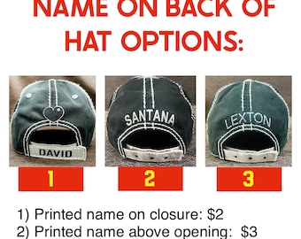 Nom au dos - ajoutez cette fiche à votre commande de chapeau pour ajouter un nom à l'arrière de votre chapeau - 3 options au choix