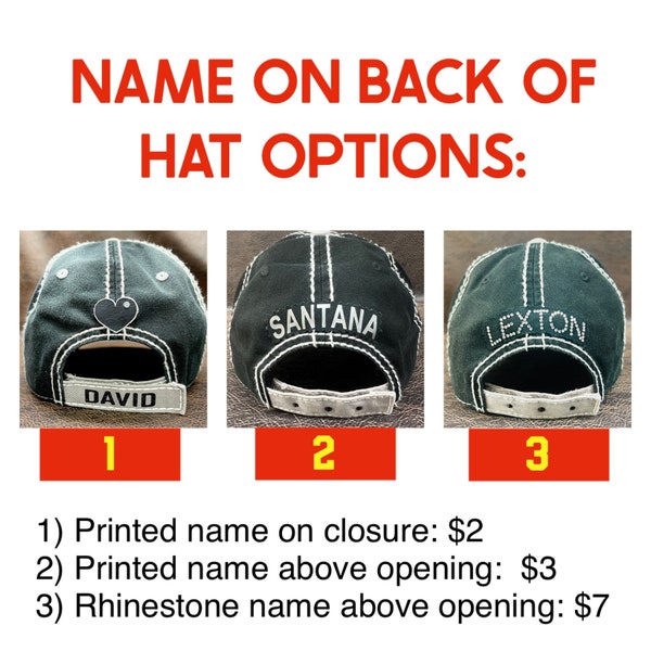 Name on Back - add this listing to your hat order to add a name to the back of your hat - 3 options you choose