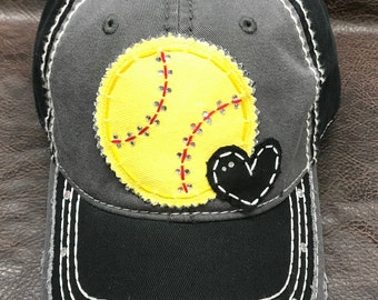 SOFTBALL love distressed baseball hat - Customizable and personalized with mom aunt grammy nana sister coach - team hat
