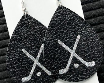 Hockey lightweight leather earrings- sterling silver or metal - hockey mom bling