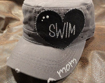 I heart SWIM mom cadet cap-swimmer hat-swim mom - personalizable swim mom hat